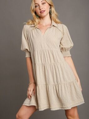 Umgee Cream Tiered Mini Dress with Puff Sleeves